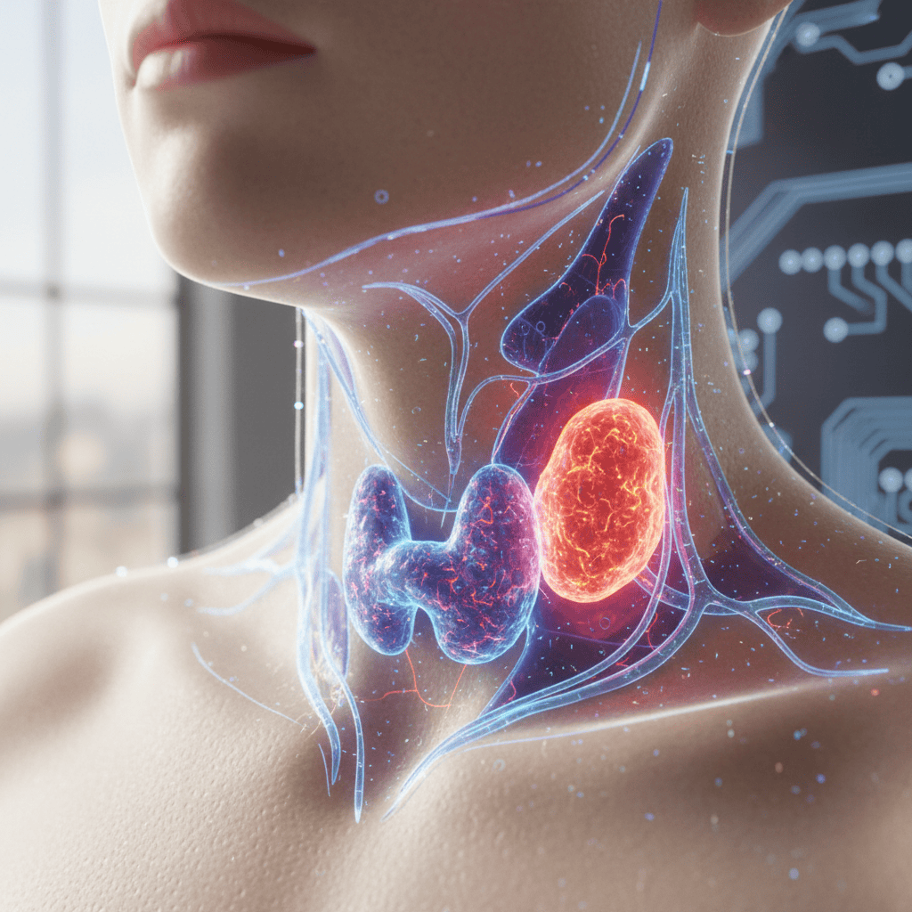 Digital illustration of a thyroid gland with a highlighted nodule
